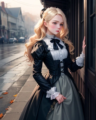 Realistic, 1girl, blonde girl, sophisticated feminine modest lolita fashion, long skirt, parted lips, blush, overcast, full skirt, real, portrait, wavy hair, small breasts, victorian village, daytime, foggy, autumn, leaves on the floor, haunted environment, gothic architecture