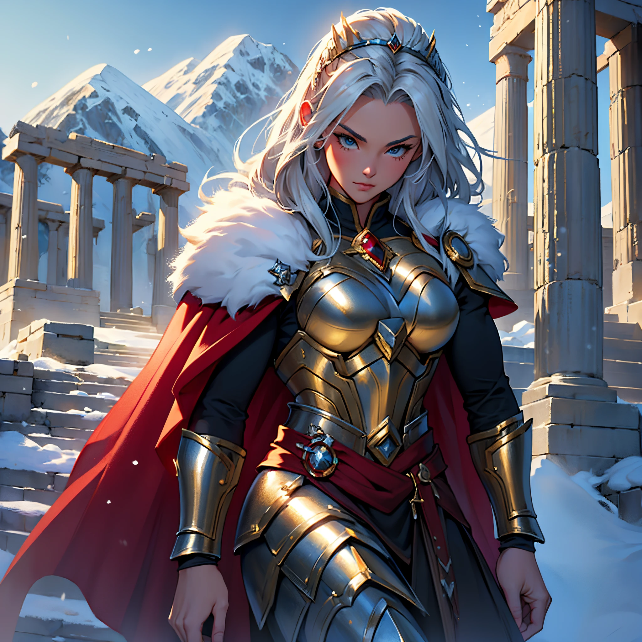masterpiece, Best Quality, 4k, Background with:In front of the snow-covered stairs of a Greek temple with snow-capped mountains in the distance, One female Valkyrie warrior wearing silver armor and dark red cape, gold crown, red super saiyan head, Fantasy, close up portrait photo