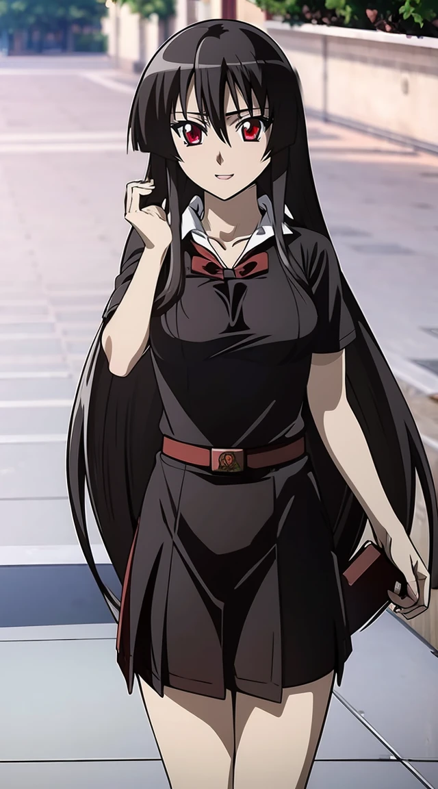 ((masters piece, best quality)) Akame(Akame GA kill),black hair, red eyes ((very long hair)), beautiful eyes, background school, ((Thai university uniform))