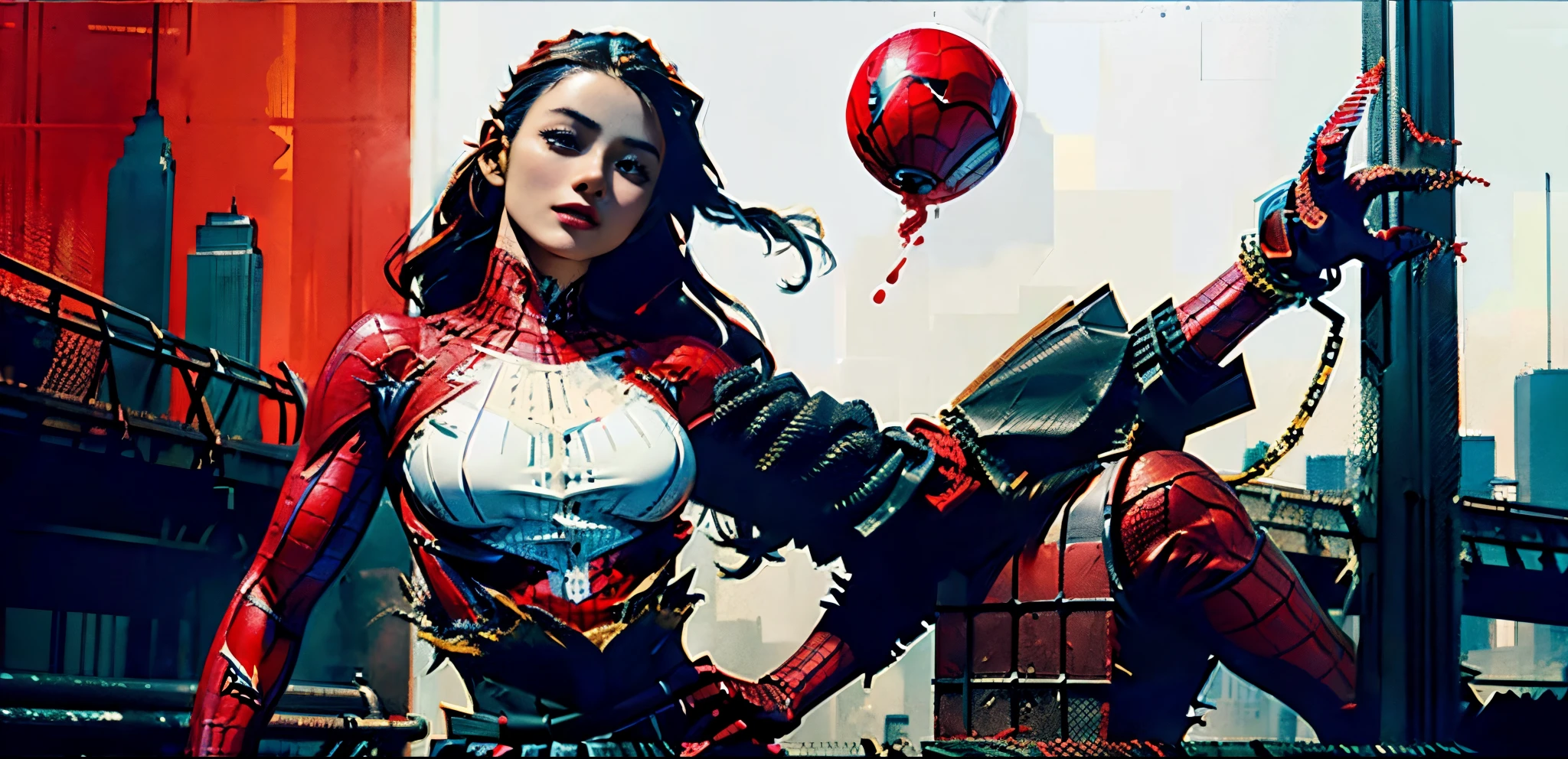 Sticking out the navel、newyork、She wears a torn Spider-Man suit,wearing skirt、 Red and black color scheme,Dynamic、masterpiece、top-quality、ultra-detailliert、ighly detailed、beautiful detailed brilliance、超A high resolution