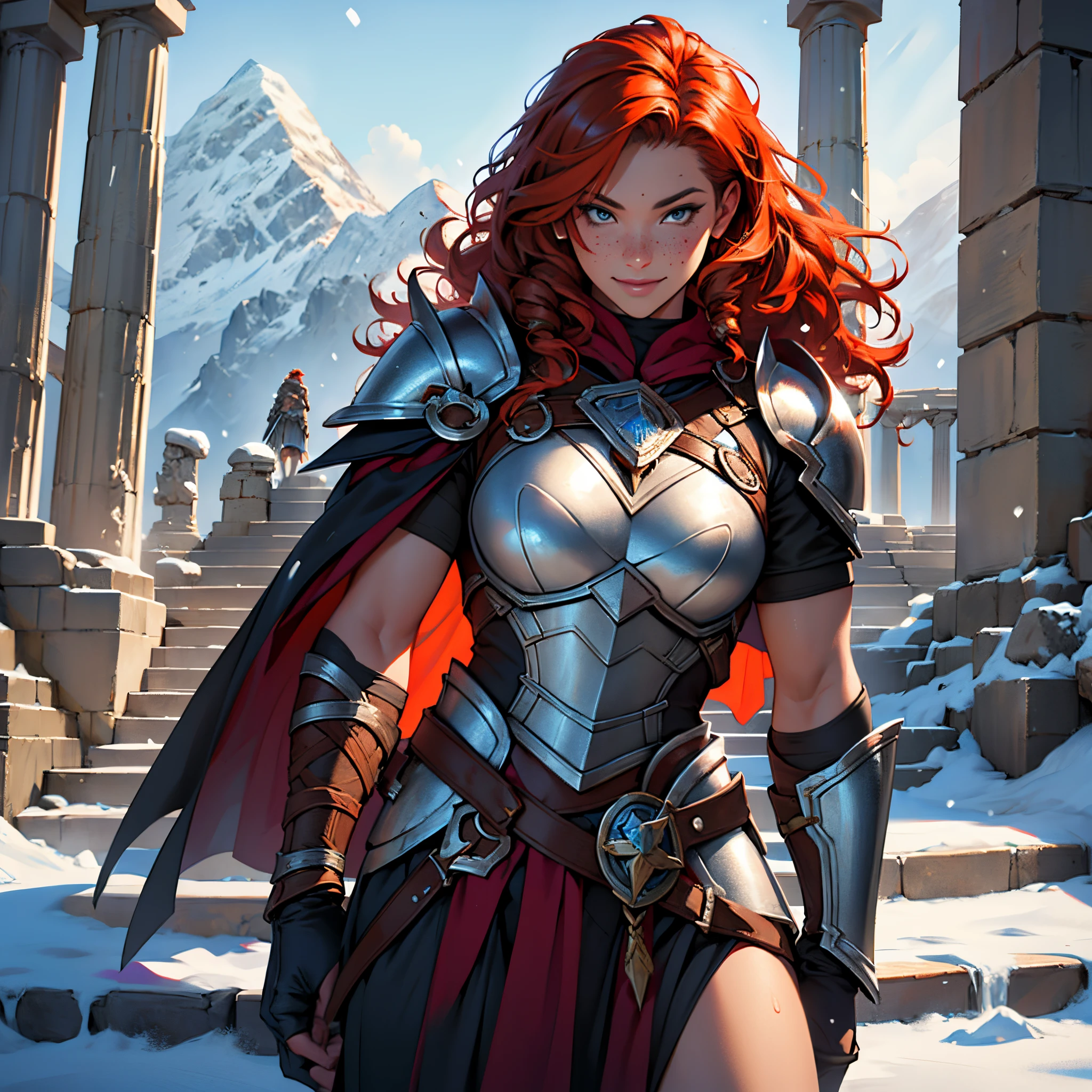 masterpiece, Best Quality, 4k, Background with:In front of the snow-covered stairs of a Greek temple with snow-capped mountains in the distance, One female Valkyrie warrior wearing silver armor and dark red cape, very curly orange hair, full of freckles, Smiley, Fantasy, close up portrait photo
