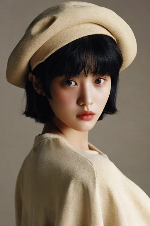 women are beige,An 18-year-old woman、Pattsun bangs、A dark-haired、bobhair、1990's、Retro、Fashion Editorial