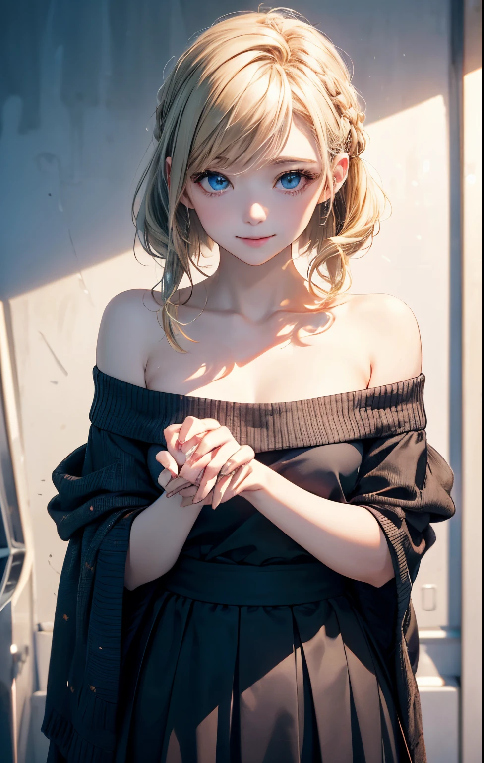 Realistic, Top Quality, 8K UHD, DSLR, Soft Lighting, High Quality, Film Grain, Fujifilm XT3, Intricate Details, Depth of Field, Girl 20 years old, Sitting, (Lens flare, Backlight:1.2), (Blonde, Short hair), Earrings, Hair ornament, Off-shoulder, Look at viewer, Flash, (Short hair)), Lovely hairstyle, Very nice hairstyle, Very Short, great style,