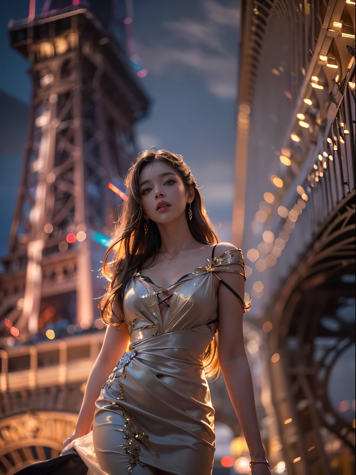 (8k, RAW, professional, best quality, masterpiece:1.2), (realistic, photorealistic:1.4), (anamorphic lens), (lens flare), (long exposure), (highest detailed skin:1.2), (highest detailed face:1.2), cinematic lighting, 1girl, standing on Eiffel tower, wearing gucci dress, night time, warm white light, (windy), look at the camera, full body