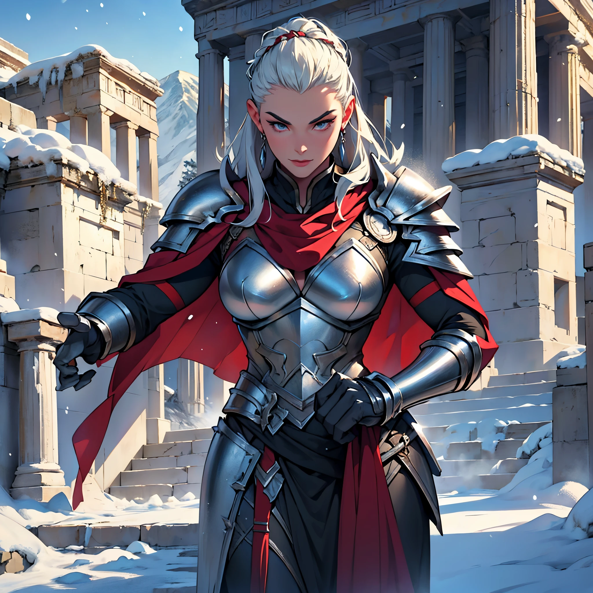 masterpiece, Best Quality, 4k, Background with:In front of the snow-covered stairs of a Greek temple with snow-capped mountains in the distance, One female Valkyrie warrior wearing silver armor and dark red cape, bald head, Stiff look, thin eyebrows, Fantasy, close up portrait photo