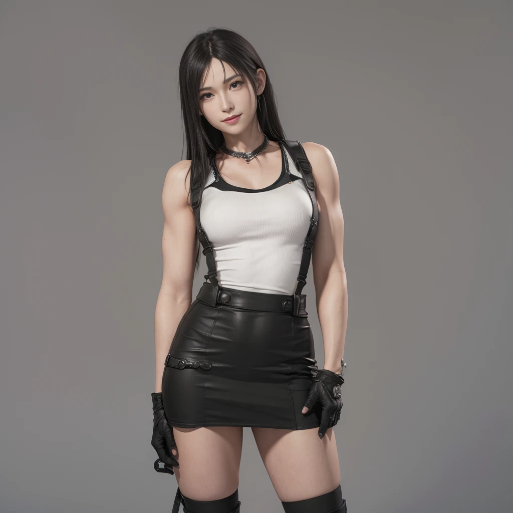 (best quality,ultra-detalhado),(Realistic:1.37),Tifa Lockhart, Rosto bonito e detalhado, smiling expression, maquiagem preta nos olhos, textura ultra realista, rosto delicado, corpo delicado, Fit physique