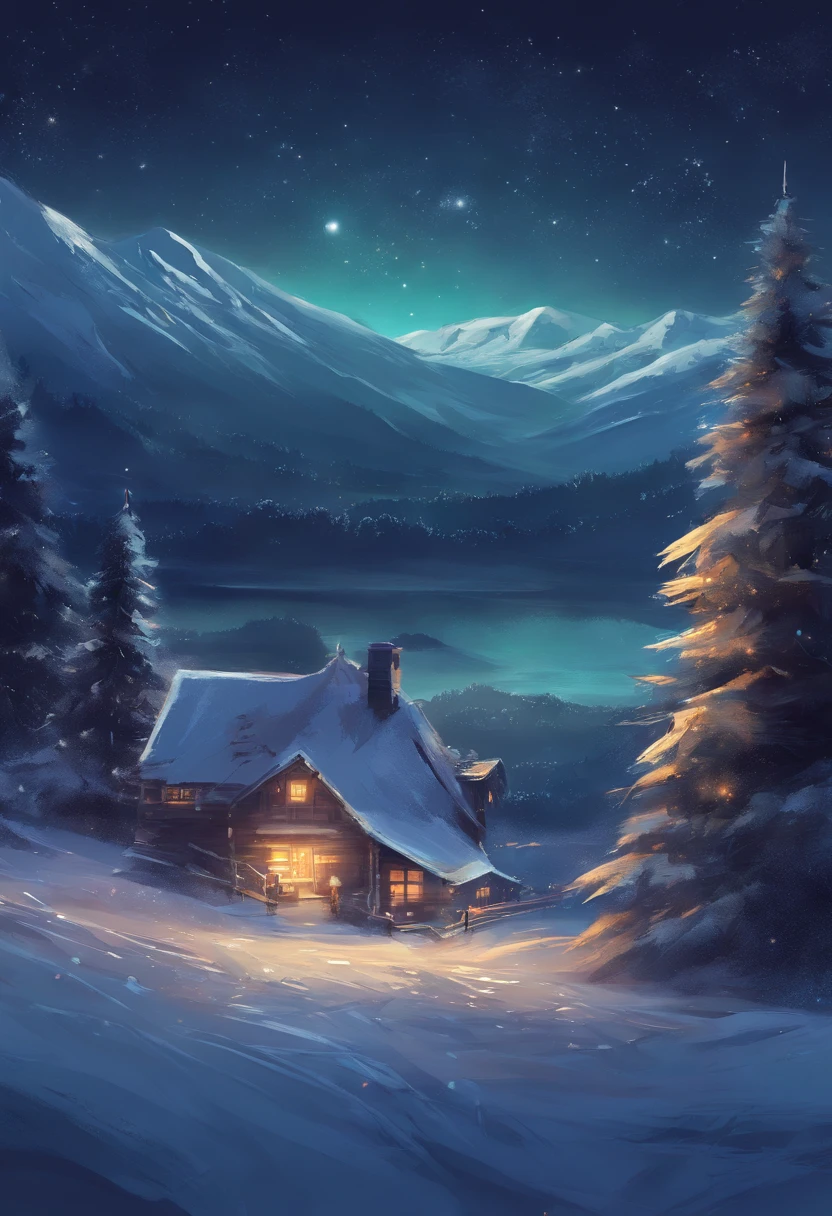 outdoor paysage, noel, Holidays, neige, sapin, nuit, starry night sky, lac, lights