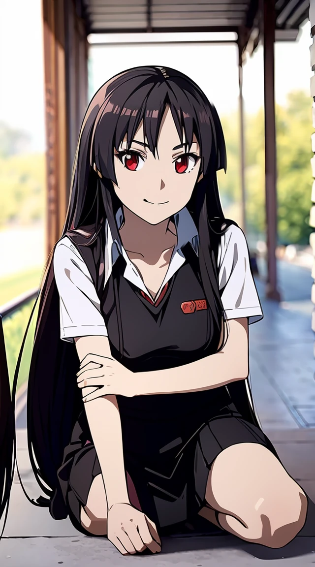 ((masters piece, best quality)) Akame(Akame GA kill),black hair, red eyes ((very long hair)), beautiful eyes, background school, ((Thai university uniform))