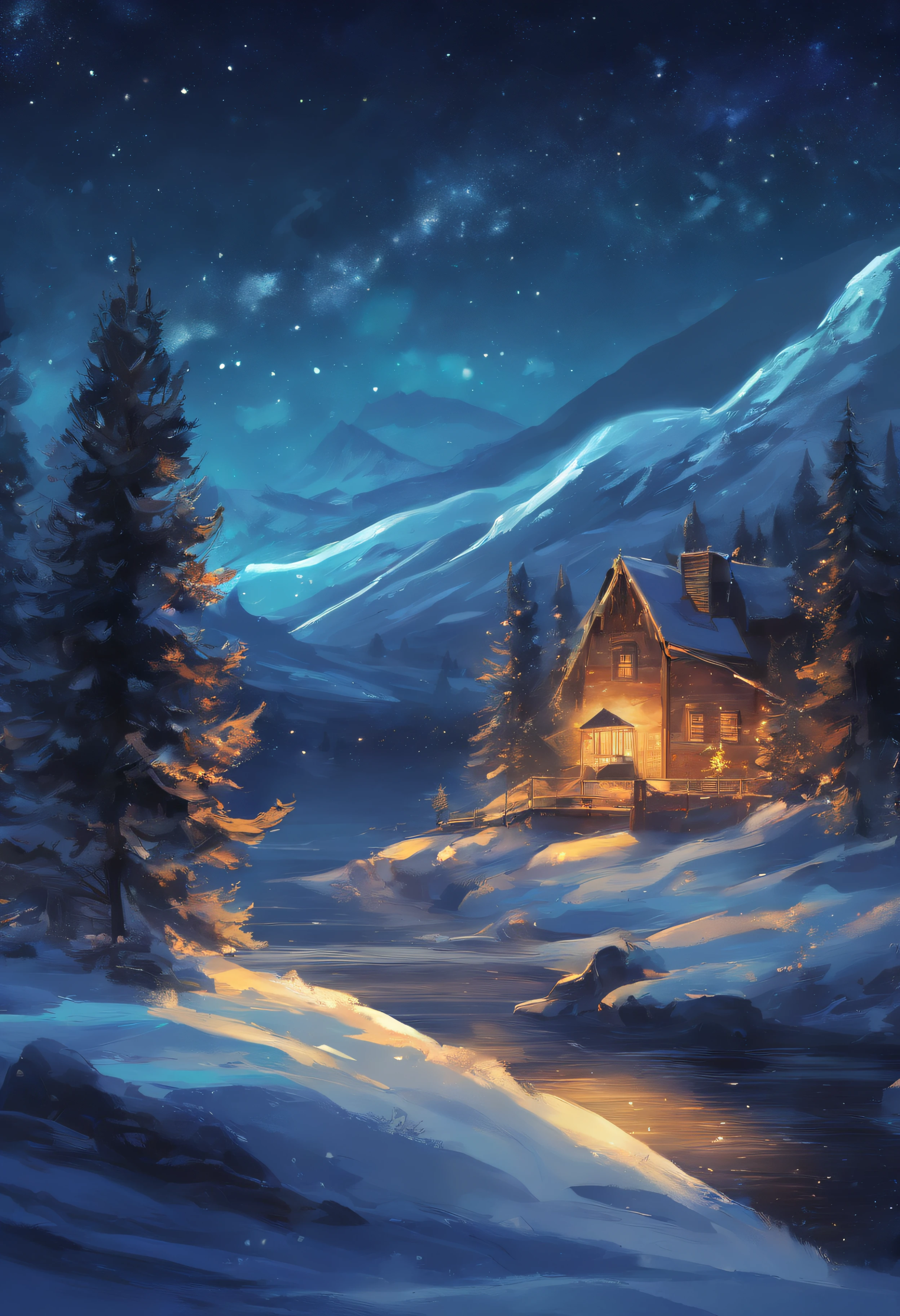 outdoor paysage, christmas, Vacances, neige, sapin, Nuit, starry night sky, lac, lights