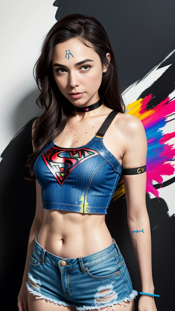 Gal Gadot、masterpiece, top-quality, 1girl in, 独奏, croptop, Denim shorts, a choker, (doodle:1.5), Paint Splatter, arms behind back, Hitting a wall, Look at viewers, Armbands, Thigh strap, Paint on the body, tilt of the head, tedium, O cabelo multicolorido, Aqua Eye, headset on head,
