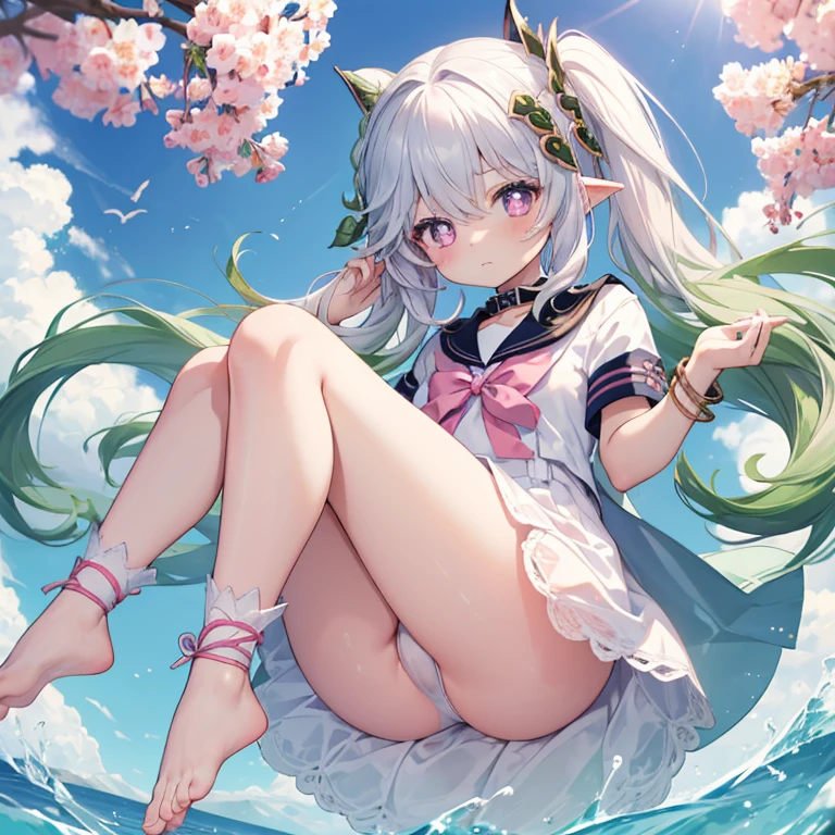Best Quality, top-quality、(cute petit girl:1.3),Beautiful pink eyes、flat chest、Lori、(Cuteness beyond limits)、Beautiful bare feet、((oestrus))、tied up with a collar、a sailor suit、White underwear、Panchira