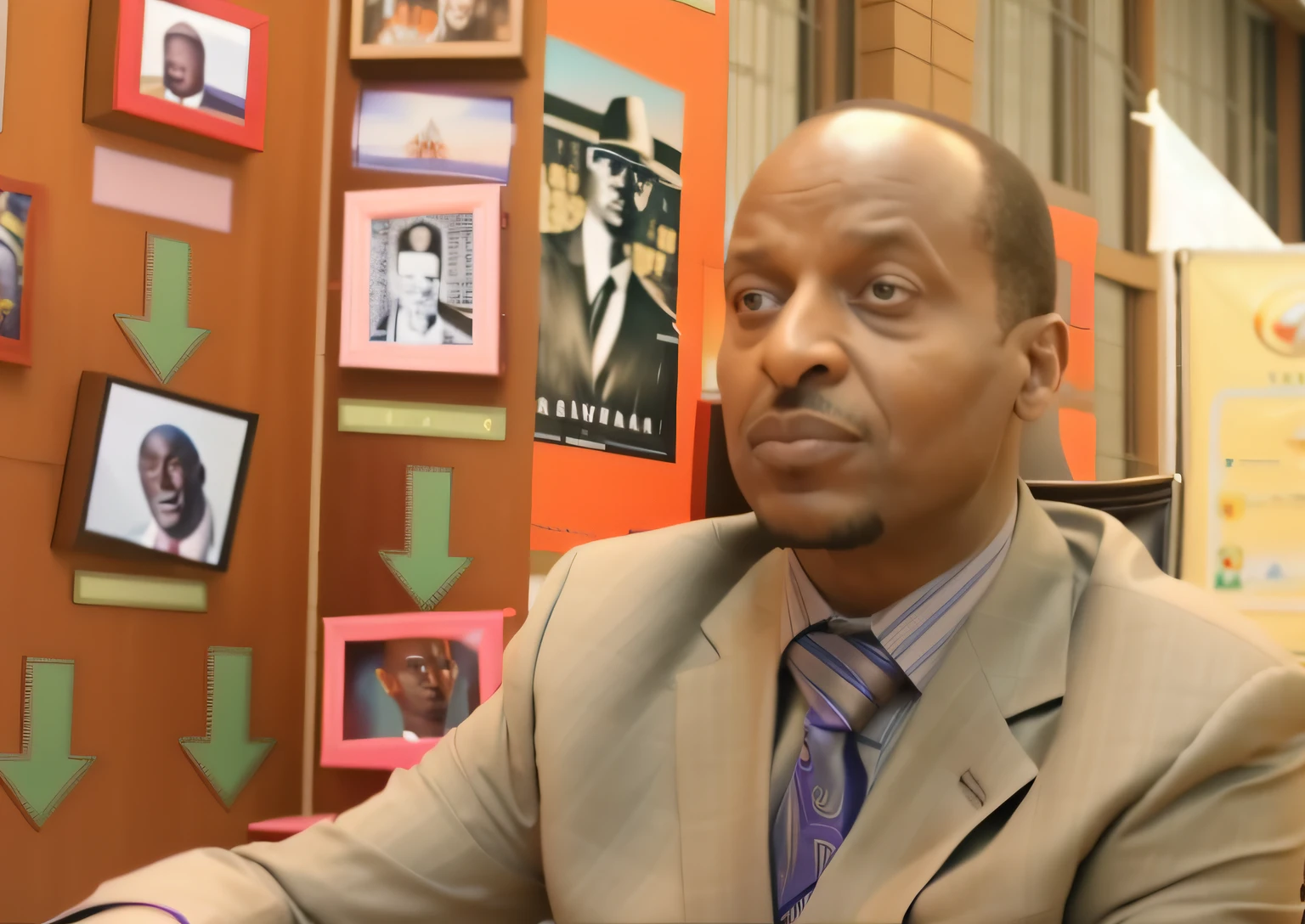 arafed man in a suit and tie sitting in front of a wall, mohamed chahin, robert kinoshita, alphonse musha, alphonso azpiri, george pemba, youtube video screenshot, smooth in the background, smooth in _ the background, video still, 2030, richard taddei