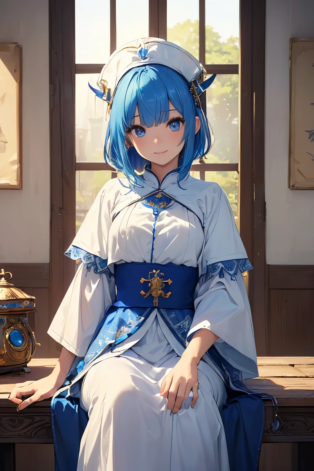 (((Masterpiece、top-quality、high-detail、High and fine)))、cowboy shot、1人、(((fantasy priestess)))、ite girl in、(((Bright blue hair)))、Brilliant blue eyes、pure white simple robe、long skirt、Gentle smile