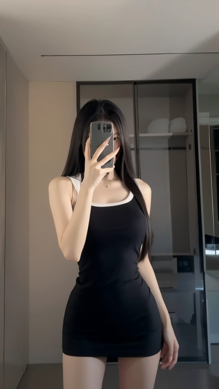 Araffe woman taking a selfie in a mirror in a room, Lleva una camiseta negra sin mangas, Foto de Slim Girl, Hermosa joven coreana, Foto de Slim Girl Model, camiseta negra apretada, Hermosa modelo china, Traje de ropa ajustado blanco liso, alta delgada hermosa diosa, Chica coreana, cuerpo completo extremadamente delgado, Hermosa mujer surcoreana