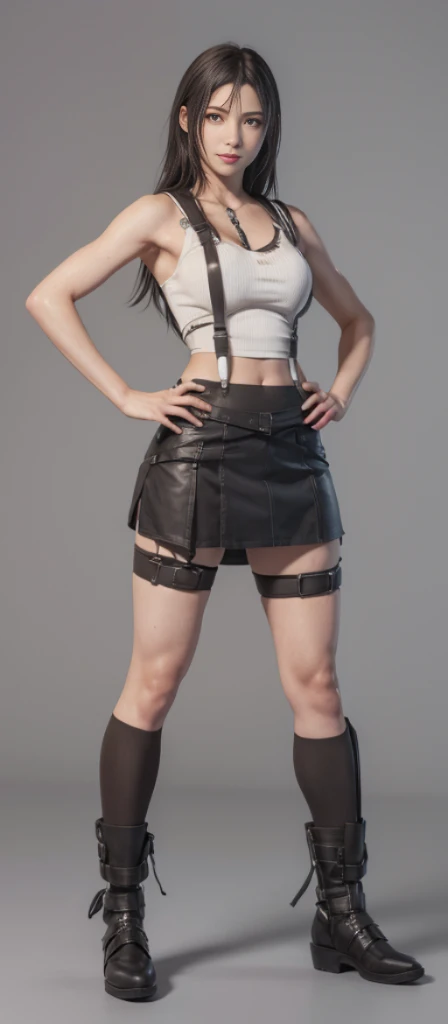 (best quality,ultra-detalhado),(Realistic:1.37),Tifa Lockhart, Rosto bonito e detalhado, smiling expression, maquiagem preta nos olhos, textura ultra realista, rosto delicado, corpo delicado, Fit physique