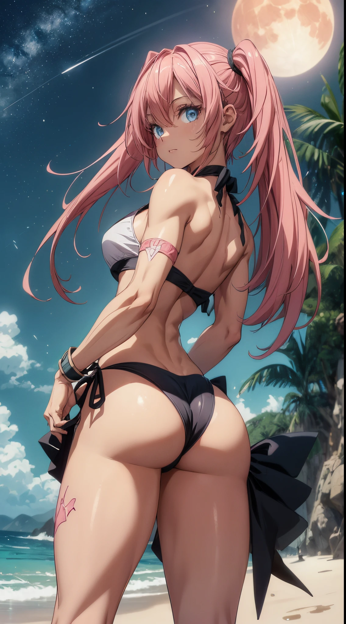 1 girl, (medium breasts))) (((big ass))), (((wearing short bikini))), (long pink hair), (((blue eyes))), (on the beach at night with sky starry and full blood moon), (thin waist), (big butt), (thin, muscular legs), muscular belly, bare feet, (looking at the background of the scene), Double tails, long eyes, Eye reflex, bad humor, anime, anime style, ray tracing, shine, drop shadow, panorama, Sony FE, 8k, UDisk, piece of master, precise, anatomically correct, Super Detail, best quality, ultra high-resolution, Hard disk, 16k