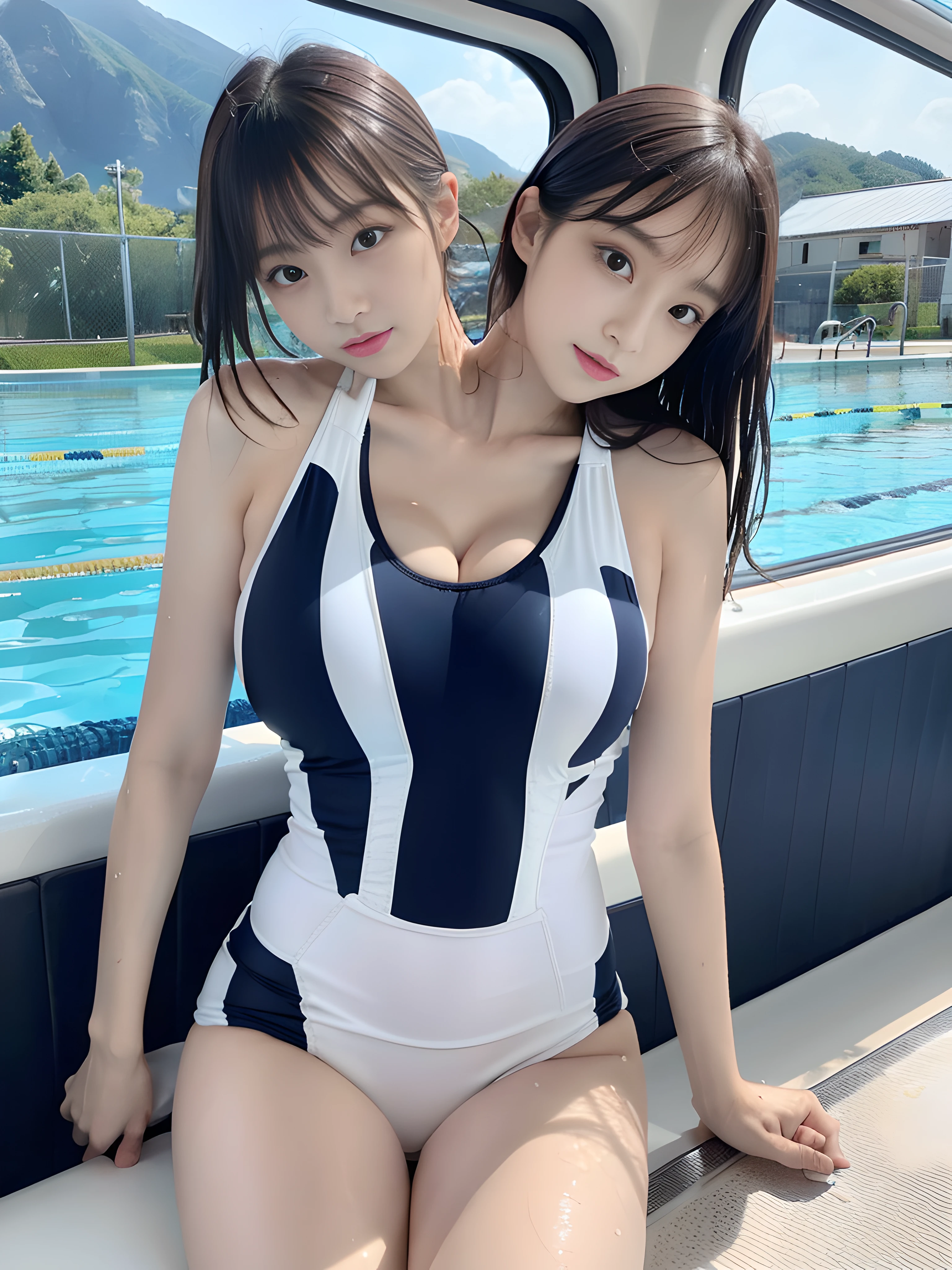 8K resolution, ultra-realistic, ultra-detailed, high quality, (2girls:1.1), sitting at seat, on the train, school uniform, a school bag, shirt, (from below:1.2), 1girl looking over her shoulder,1 girl, beautiful Japan woman, thin wess, (sticking out the buttocks: 1.2), Fine face, short hair, (gigantic breasts, cleavage:1.2),(swimming race suit:1.3), (cameltoe),cute,kawaii,wet,from behind, backshot,, 1girl looking over her shoulder,gravure idol, korean idol, nogizaka idol