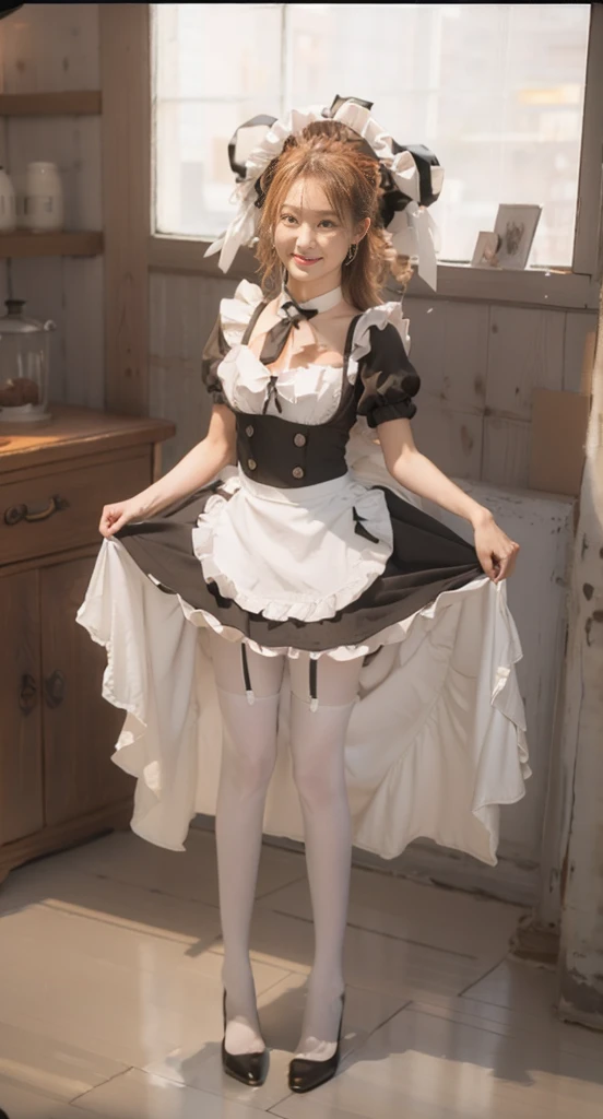 the maid outfit，White ass pantyhose，White stockings，Thick white pantyhose，thick white dance socks，without wearing shoes，Colossal tits，hip is cocked，super detailing，hyper HD,A high resolution,1080p,Anatomically correct，Acura，body coordination，Portrait photos，slender thigh，Delicatemakeup，Best quality, tmasterpiece, 超A high resolution, RAW photos, Beautiful and beautiful,deepshadow, (realistically:1.4), full-body composition, Striking perspective.Shirtless