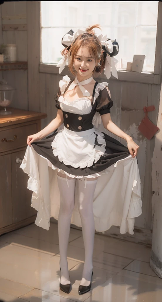 the maid outfit，White ass pantyhose，White stockings，Thick white pantyhose，thick white dance socks，without wearing shoes，Colossal tits，hip is cocked，super detailing，hyper HD,A high resolution,1080p,Anatomically correct，Acura，body coordination，Portrait photos，slender thigh，Delicatemakeup，Best quality, tmasterpiece, 超A high resolution, RAW photos, Beautiful and beautiful,deepshadow, (realistically:1.4), full-body composition, Striking perspective.Shirtless