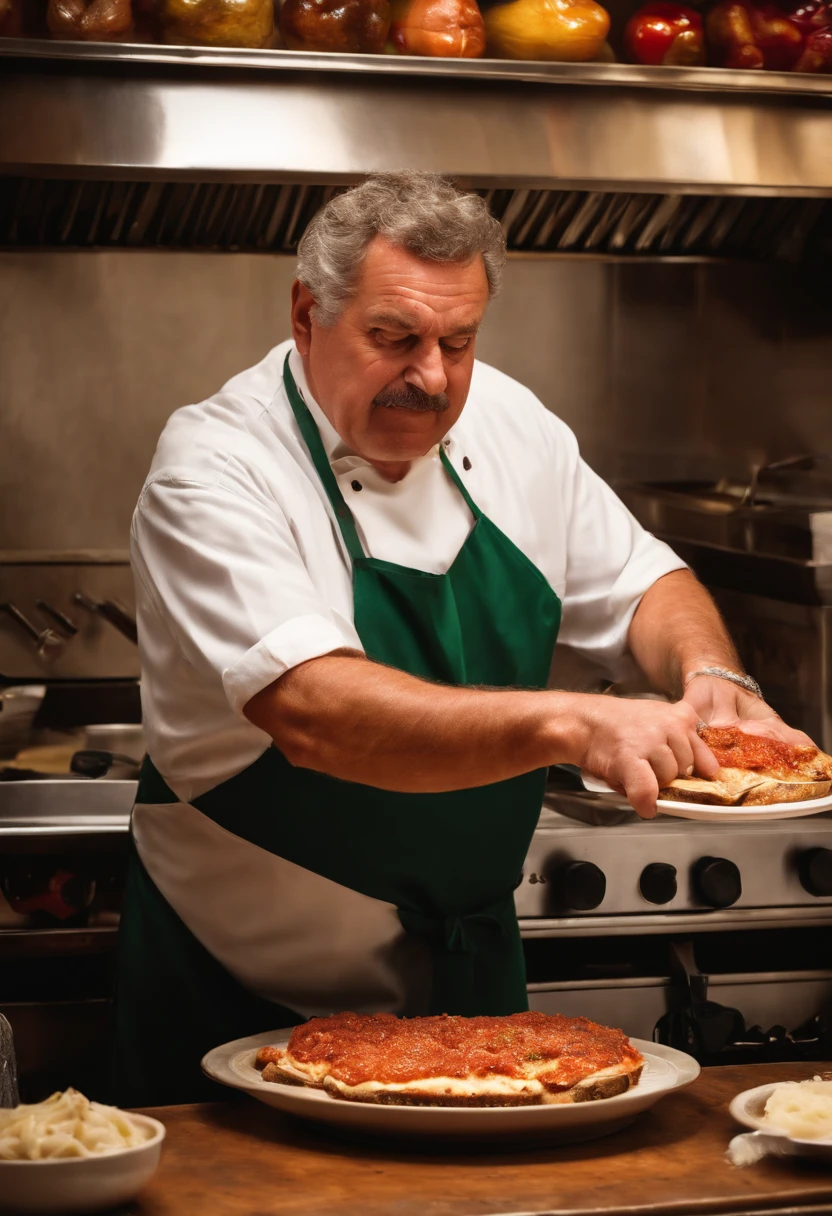 A photo of a steaming hot plate of eggplant parmesan,original,Angry deli dude is a middle aged Italian man that works at a deli making sandwiches , male