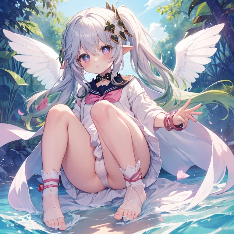 Best Quality, top-quality、(cute petit girl:1.3),Beautiful pink eyes、flat chest、Lori、(Cuteness beyond limits)、Beautiful bare feet、((oestrus))、tied up with a collar、a sailor suit、White underwear、Panchira、But also