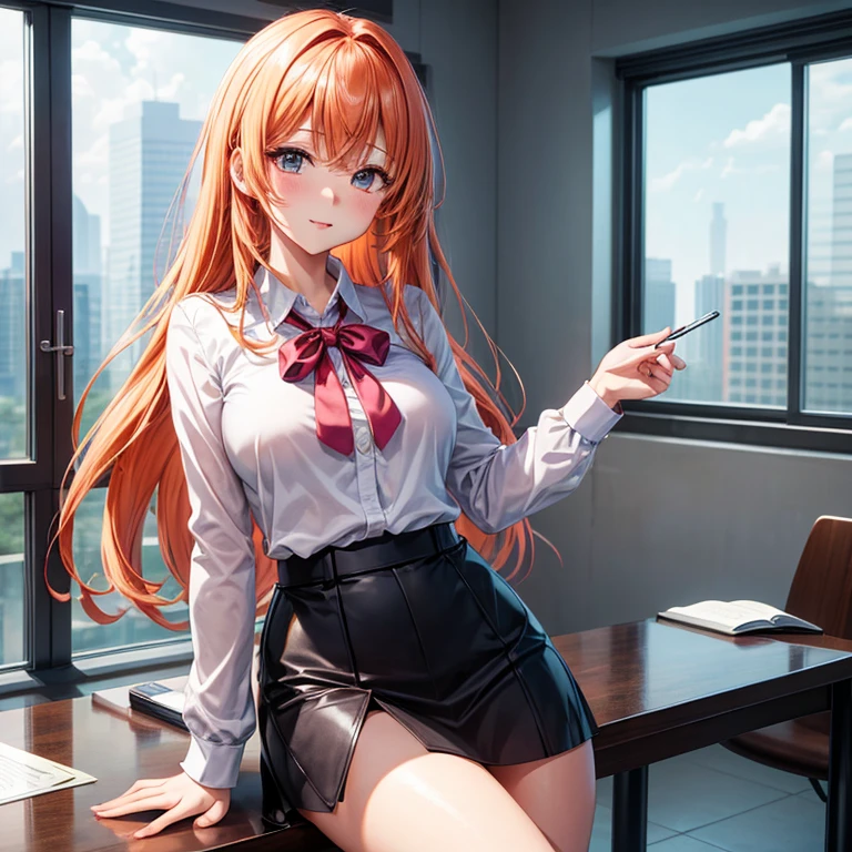 top-quality, hight resolution, 8K images,best qualtiy,hight resolution、A woman who is cute no matter who sees her、Tsundere、Highly detailed CG Unity 8K wallpapers,1girl in, 独奏, Orange Hair, Anime Shoujo Solo、 Absolute area、Looking at the camera、(Illustration ratio:1.1)、meeting room、Pink Blouse, Business Casual、hight resolution、foco nítido、Fine fingers