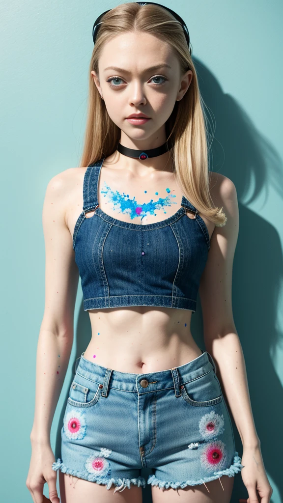 Amanda Seyfried、​masterpiece, top-quality, 1girl in, 独奏, croptop, Denim shorts, a choker, (doodle:1.5), Paint Splatter, arms behind back, Hitting a wall, Look at viewers, Armbands, Thigh strap, Paint on the body, tilt of the head, tedium, O cabelo multicolorido, Aqua Eye, headset on head,