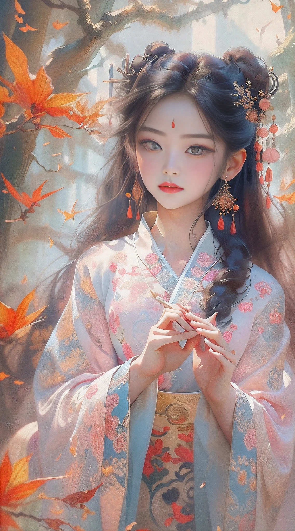 Super detailed portrait, Chinese traditional goddess, 美丽细致的眼睛, Intricate hair accessories, Flowing silk dress, Slender hands and fingers, posing elegantly, Peaceful garden background, gentlesoftlighting, vivd colour, Meticulous, Oil painting texture, (Best quality at best, A high resolution), Chinese calligraphy aesthetics, old charm, elegant and calm expression.