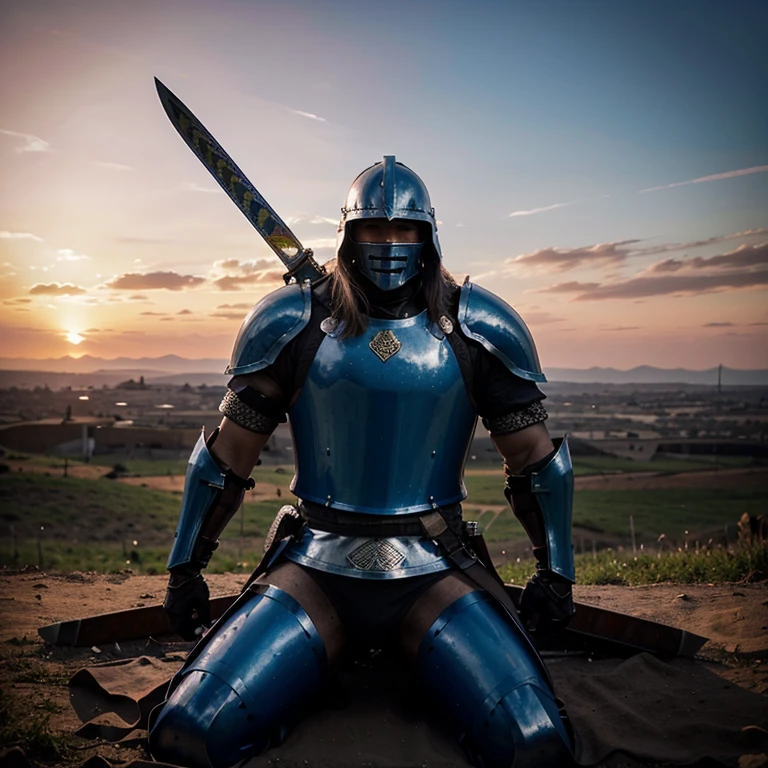 Large Male Fantasy knight with decorated sword with blue armour, facing the horizon, high quality, pink sunset, surrounded by fallen soldiers, battlefield