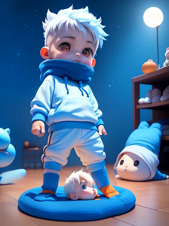 1 chubby  boys with White hair and shiny orange eyes and barefoot wearing a hoodie, and oversized sweatpants stand on a floor, young, boy, child,l, toddsparklefalling from sky, night, dark, soft light, (sweatpants:1.4), (Boy:1.4), (Shota:1.4), (Young:1.4), (blue socks:1.6), (Male:1.4)