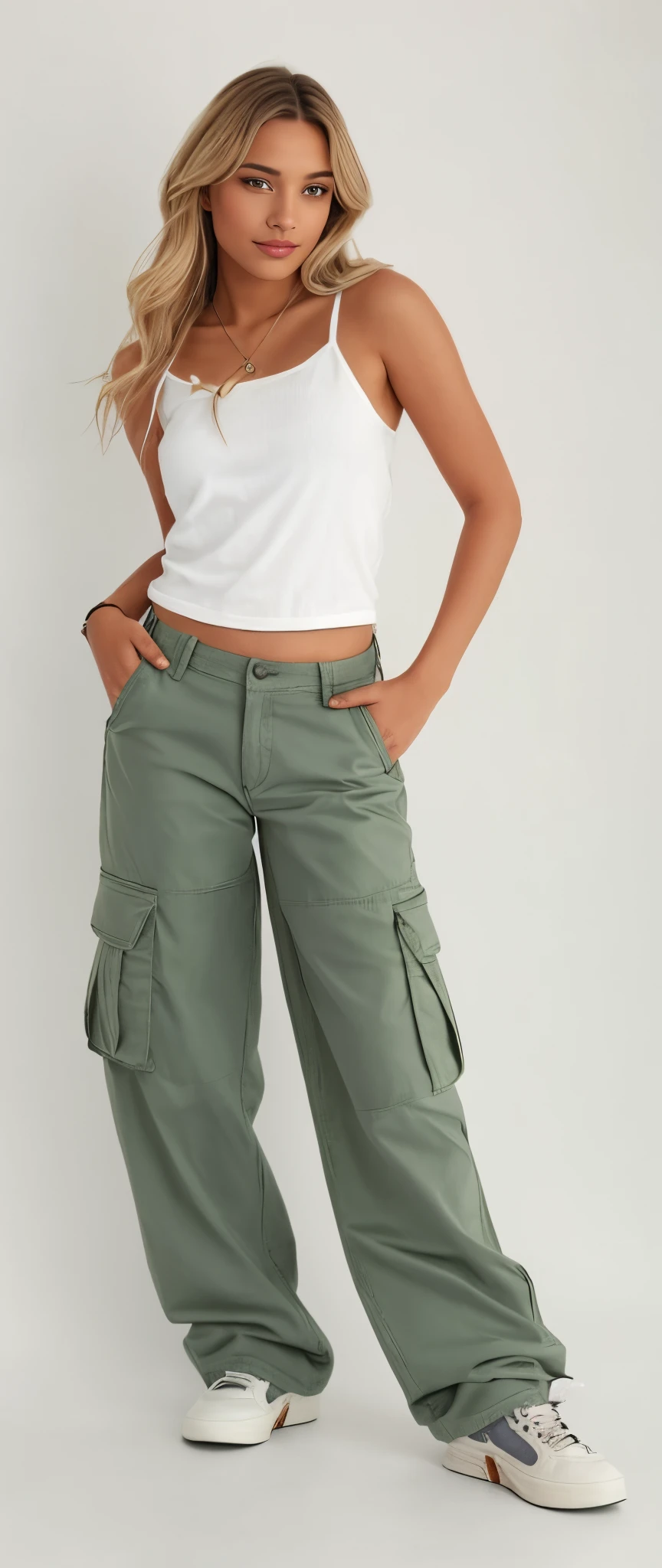 a woman in a white blouse and green cargo pants, wearing cargo pants, baggy pants, cargo pants, vestindo um baggy, military pants, baggy jeans, wearing only pants, estilo y2k, e estilo 2K, tiro do meio cintura para cima, zoomed out full body, large pants, with his hands in his pockets