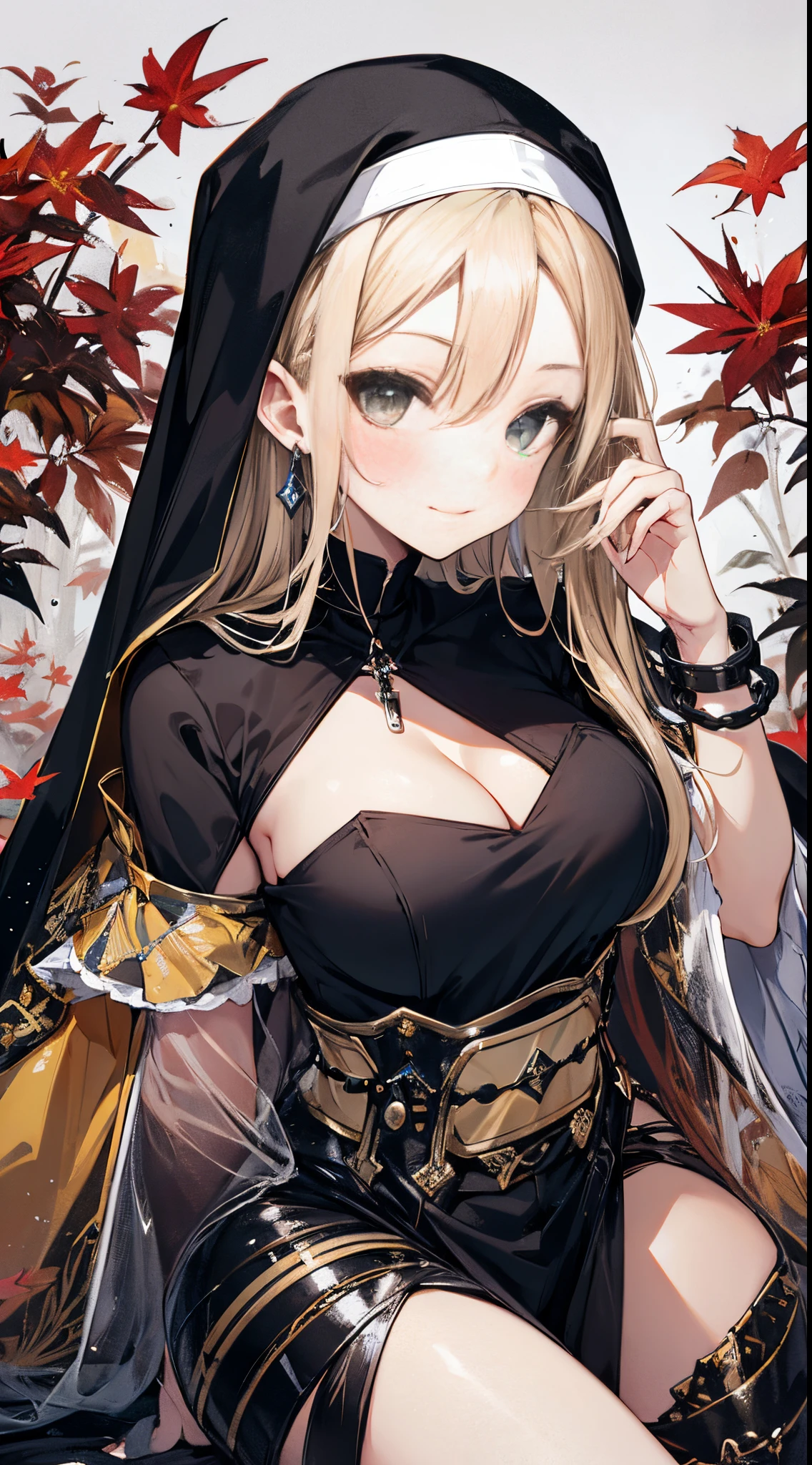 ((tmasterpiece:1.4, Best quality at best))+, (hyper-detailing)+, (Green eyes:1.5)+, (winged ears:1.5), (cute girls), (Delicate black nun dress:1.5), Extra-long hair, Braided edges on both sides, (wariza:1.2), pale-skinned, (white cloth:1.5), (black sash,,black long pants:1.4), dense fog, metal chains,red flower,Autumn leaves,baiyun,White wings,(angelic nun:1.1), (dawn light:1.2), ), (Close-up cleavage:1.1), (elevation perspective:1.3), fingersmile, light blush, forehead jewel, Colored inner hair, Striped hair, light-blonde hair, god light,The halo,