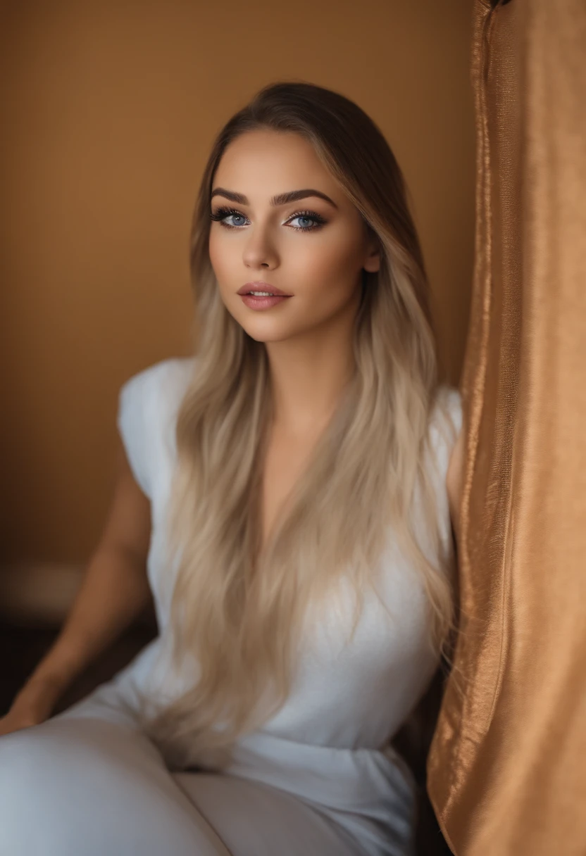 Arafed pleine femme,réaliste, fille sexy aux yeux bleus, , ultra réaliste, Méticuleusement détaillé, portrait de Sophie Mudd, cheveux blonds et grands yeux, Selfie d’une jeune femme, Yeux de chambre, Violet Myers, pas de maquillage, maquillage naturel, Regarder directement la caméra, Visage Artgram, maquillage subtil, Photo impressionnante de tout le corps agenouillé sur le lit, dans la chambre, Poitrine de taille moyenne et grande, permettre au visage d’être vu clairement, portrait