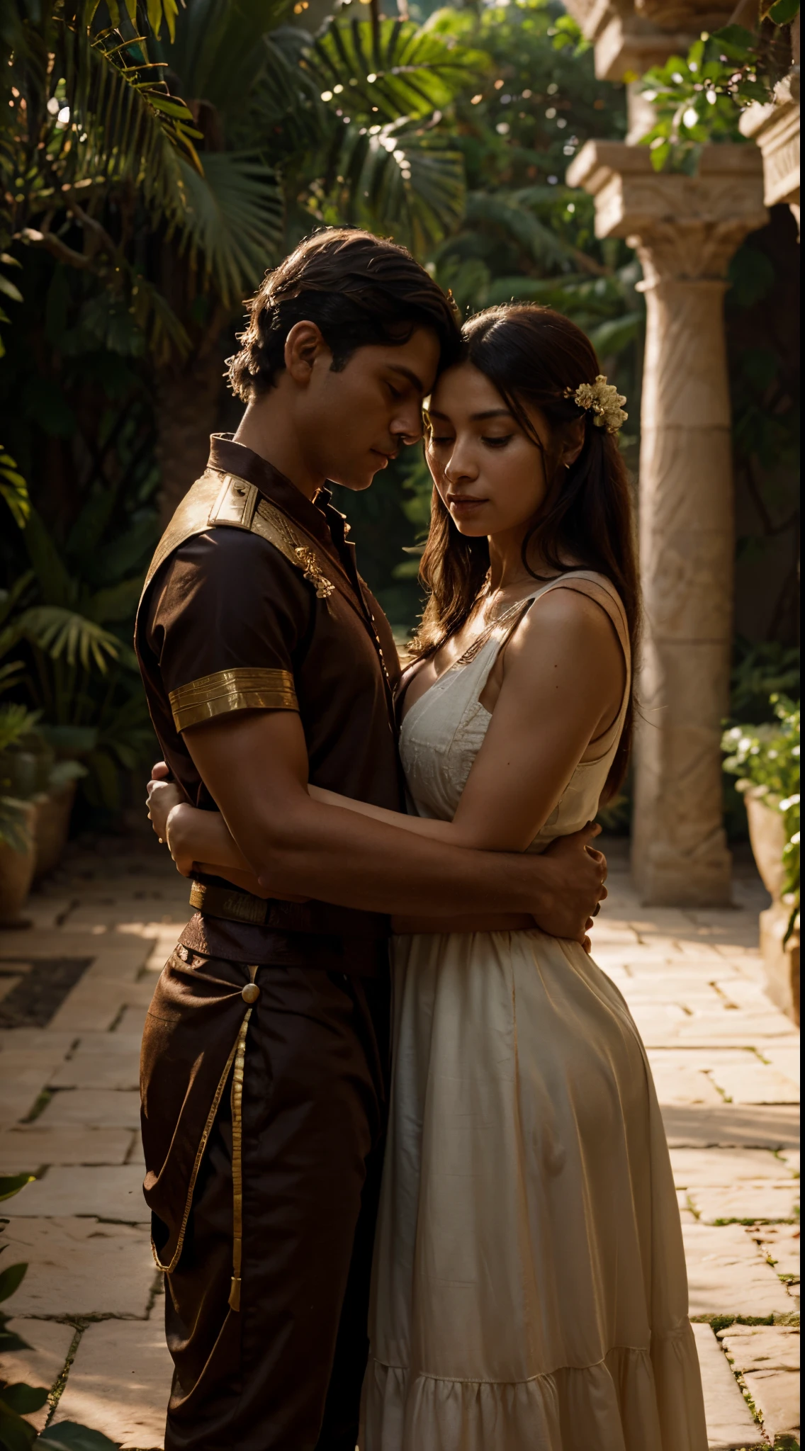 A cinematic scene capturing the intimate embrace between Nefertari and Ramesses the Great in a lush royal garden, with dynamic lighting enhancing the romantic atmosphere, Realistic 4K cinematic rendering, utilizing stable diffusion to convey the warmth of the moment