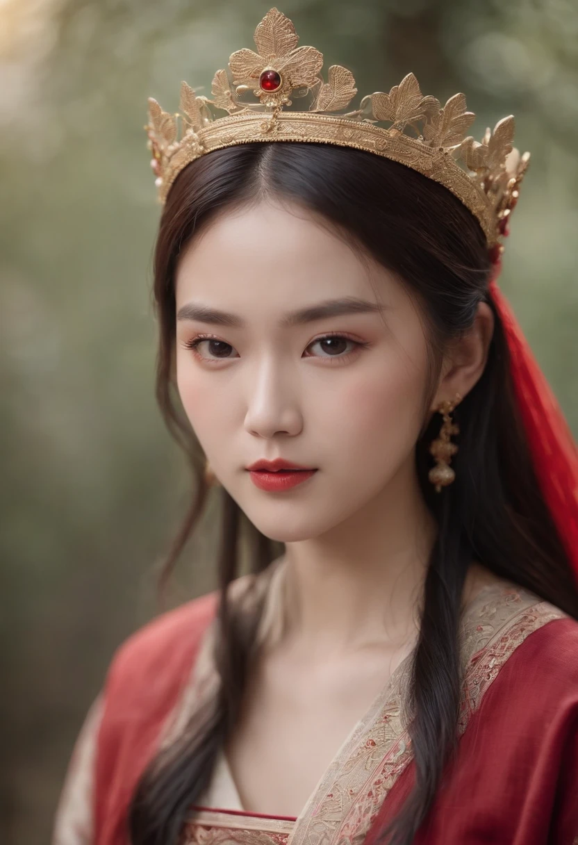 (((a deep reddish wound crosses her left cheek))) fair complexion, asian woman around 19 years old, natural black hair, distinctive black eyes, wearing crown, slender and graceful, beautiful, candlelight in a medieval setting, ultra sharp focus, realistic shot, chinese hanfu clothes, tetradic colors (scar:1.4)