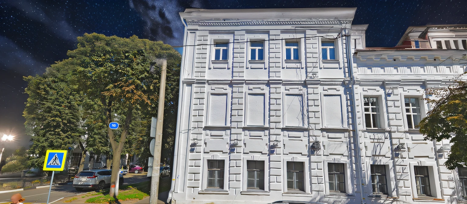 there is a white building with a blue sign on the corner, Neo-classical style, White building, old building, Building cladding, View from the street, multistorey building, Neoclassical police station, Complete building, Neoclassical architecture, Neoclassical style, Neoclassical architecture, Style of classicism, Neoclassical style, Extremely detailed building, A single building, front photo, (nighttime:1.4), (Starry sky:1.2), Strobe, f/11