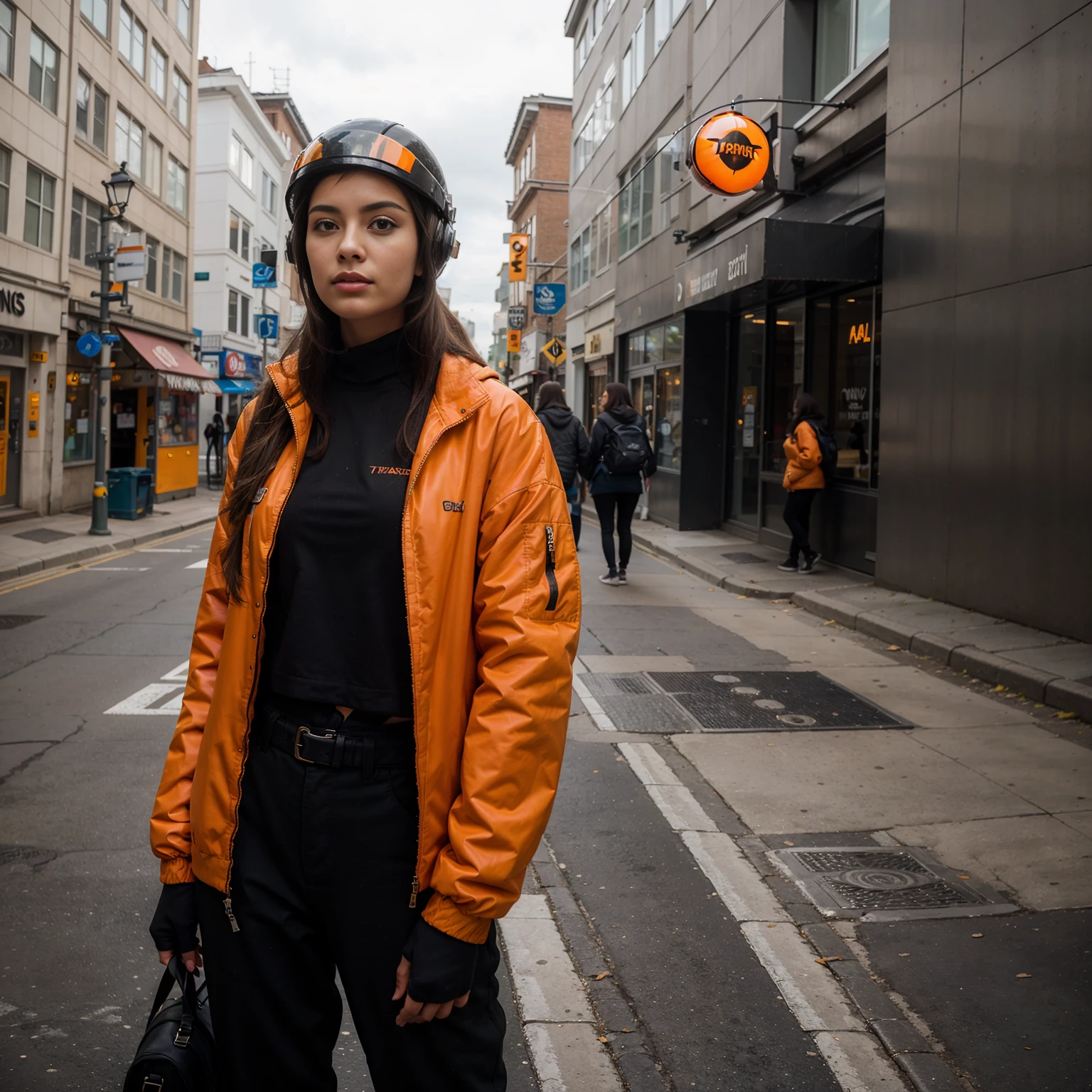 (original: 1.2), masterpiece, best quality, a woman with a fantastic cyberhelmet, wearing a orange techwear jacket, on the street