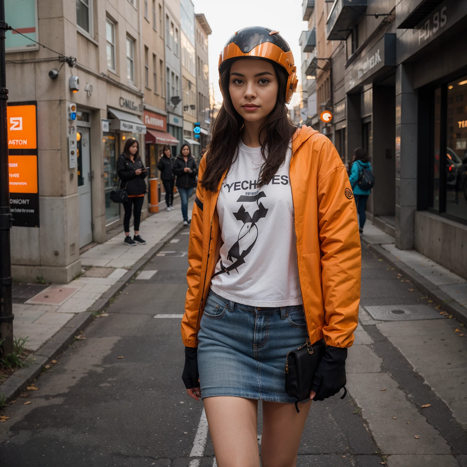 (original: 1.2), masterpiece, best quality, a woman with a fantastic cyberhelmet, wearing a orange techwear jacket, on the street