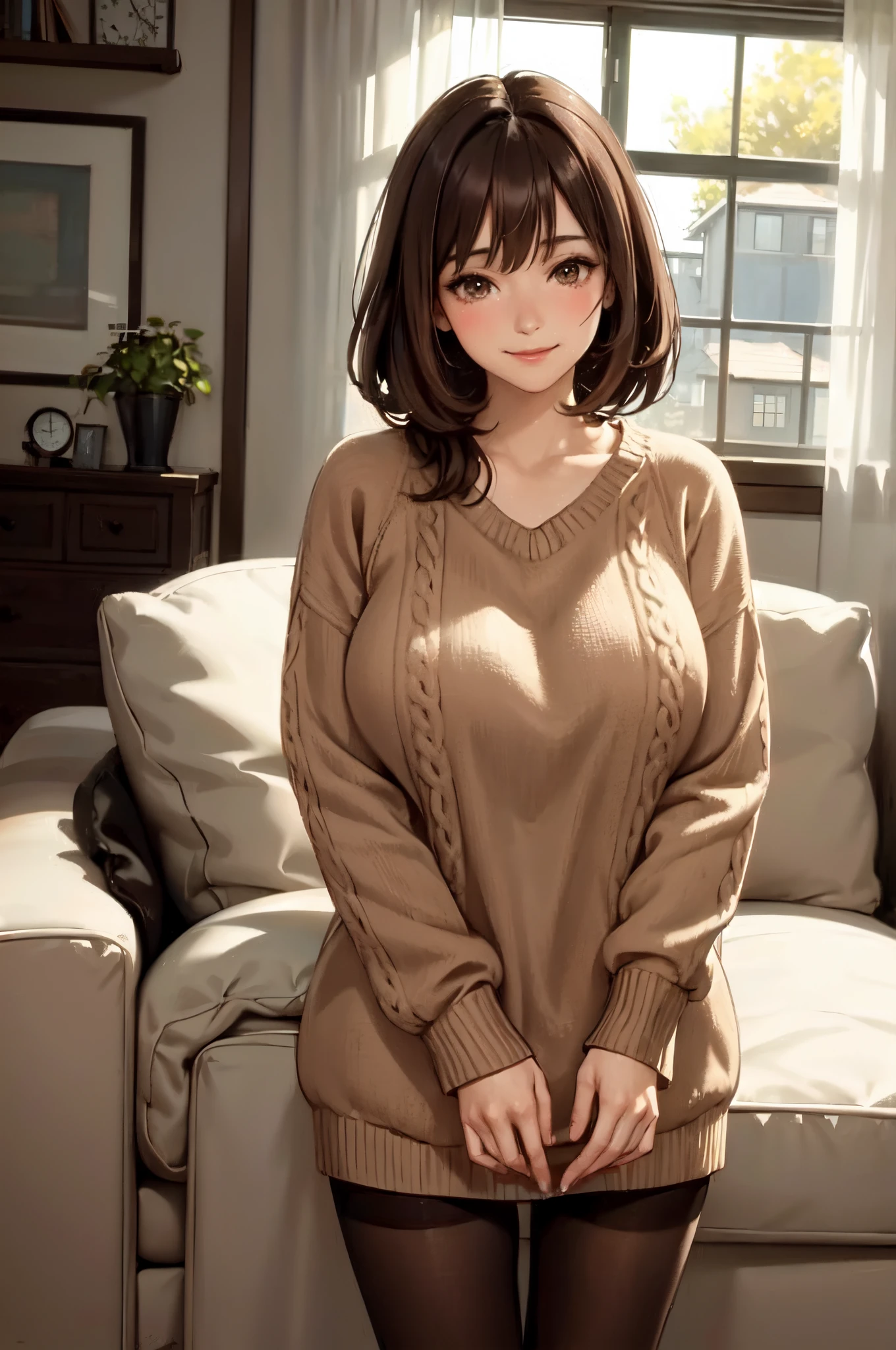 1lady standing, /(oversized sweater/) v-neck, mature female, /(brown hair/) bangs, blush kind smile, (masterpiece best quality:1.2) delicate illustration ultra-detailed, large breasts pantyhose BREAK /(modern house living room/) indoors