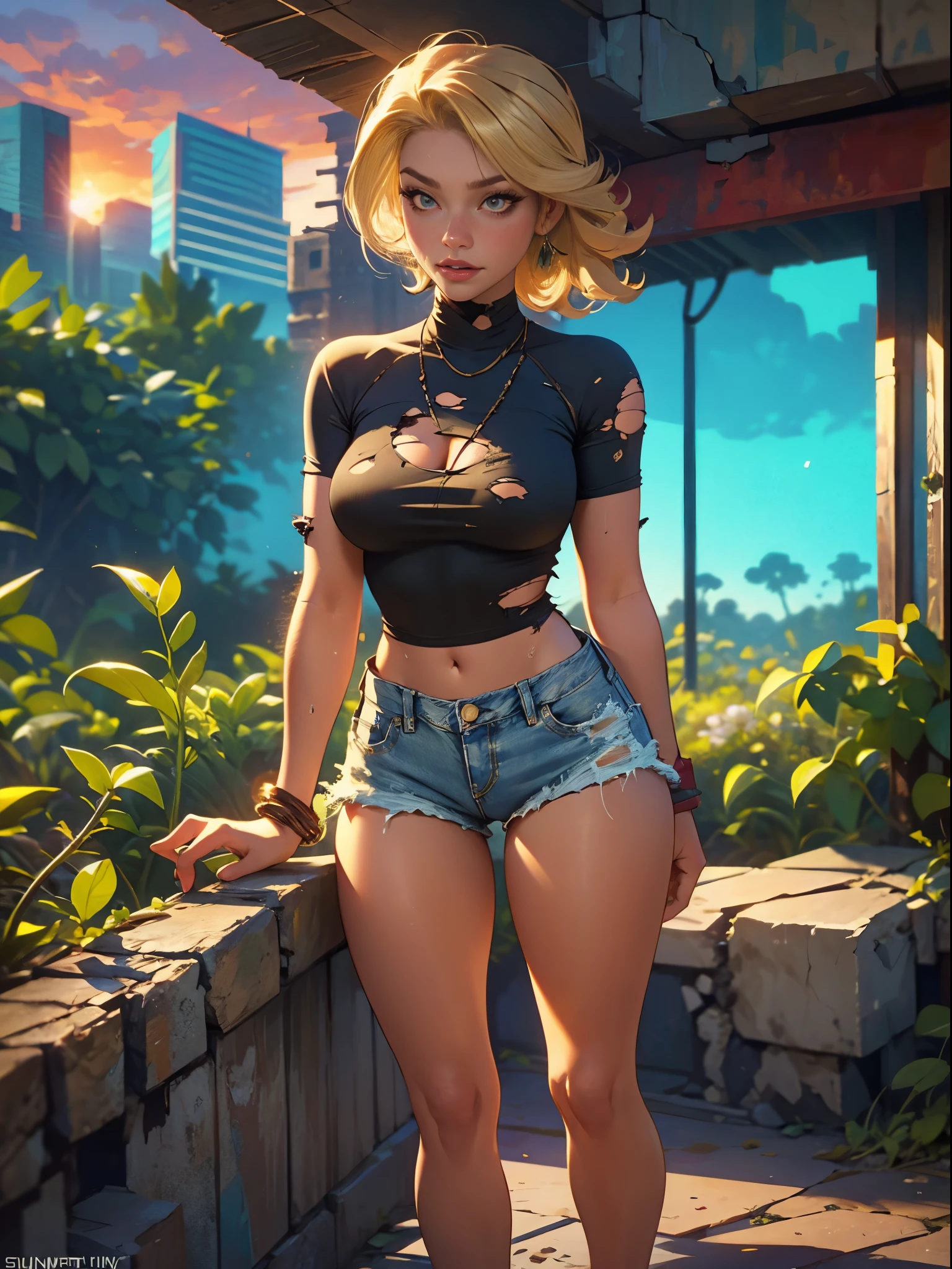 2076 year. The Urban Ruins of the Wasteland, Female huntress picking fruit in the garden, beautiful face, blonde, badly torn shirt and denim shorts , long legs, sweating through, sun rising, Nice warm colors, head to toe, full body shot, pretty hands, perfect fingers,