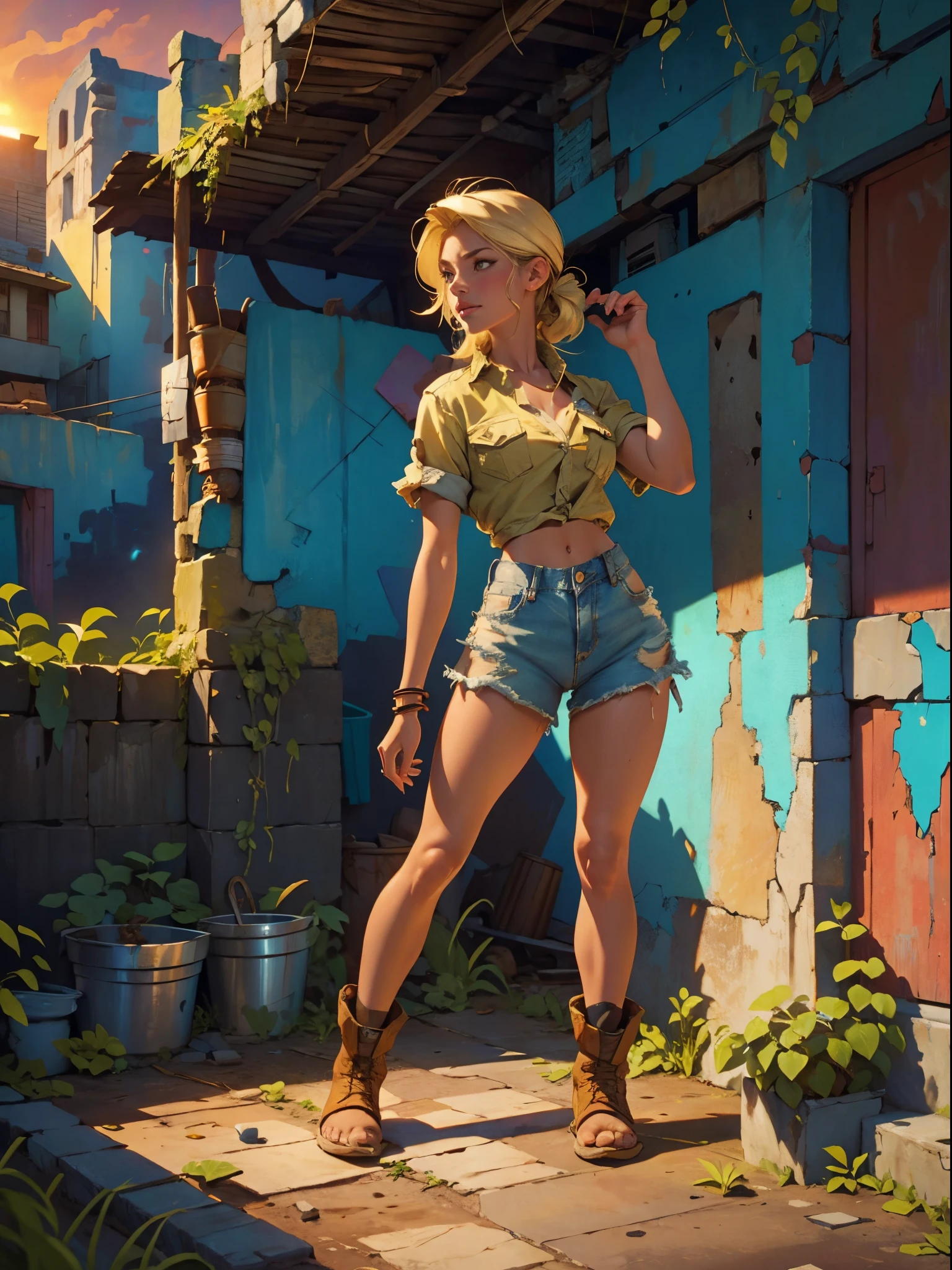 2076 year. The Urban Ruins of the Wasteland, Female huntress picking fruit in the garden, beautiful face, blonde, badly torn shirt and denim shorts , long legs, sweating through, sun rising, Nice warm colors, head to toe, full body shot, pretty hands, perfect fingers,