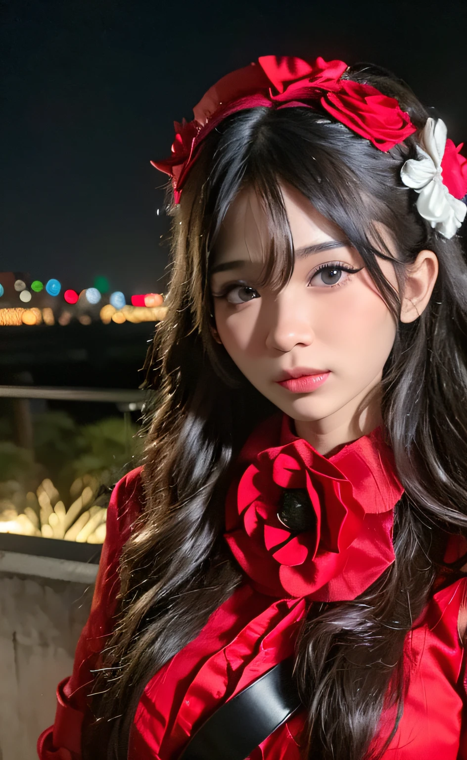 1girl, Tokyo street,night, cityscape,city lights, upper body,close-up, 8k, RAW photo, best quality, masterpiece,realistic, photo-realistic,headgear of red rose, parted bangs, long hair,