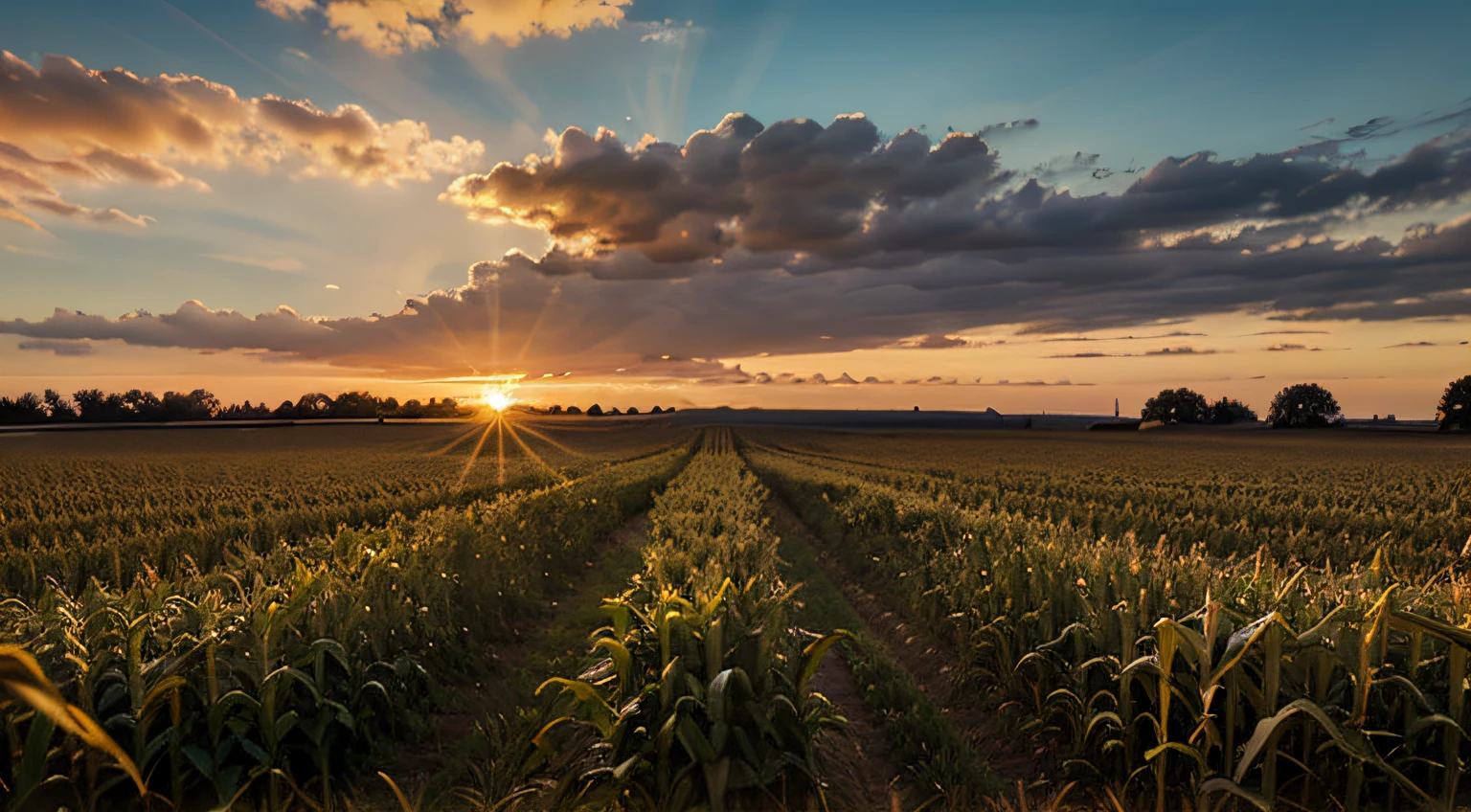 A corn field with the sunset in the background