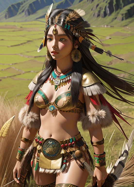 Tribal girl、Bird feather hair ornament、clothes made of grass and leather、Breast exposure、Thigh exposure、bare-legged、View here、Inca、Gold decoration、