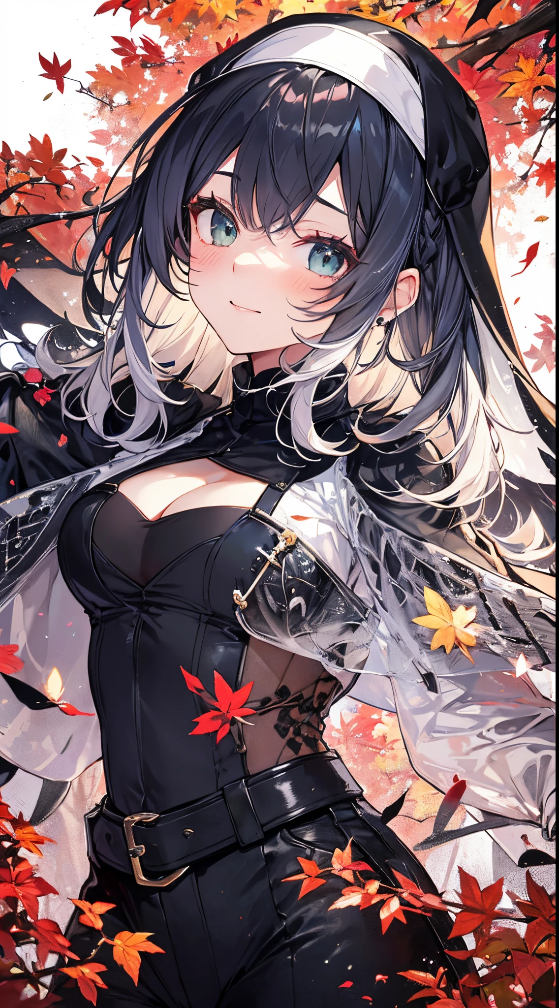 ((tmasterpiece:1.4, Best quality))+, (hyper-detailing)+, (green-eyed:1.5)+, (winged ears:1.5), (cute girls), (Exquisite black nun dress:1.5), short detailed hair, Long braids on both sides, (wariza:1.2), pale-skinned, (white cloth:1.5), (black sash,,black long pants:1.4), dense fog, metal chains,red flower,Autumn leaves,baiyun,White wings,crosses,chies,(Angel nuns:1.1), (dawn light:1.2), ), (Close-up cleavage:1.1), (elevation perspective:1.3), fingersmile, light blush, forehead jewel, Colored inner hair, Striped hair, black color hair, god light,The halo,