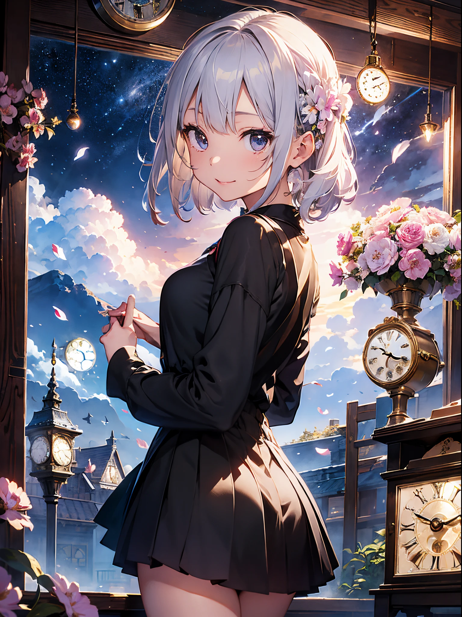 masterpiece、top-quality、1 girl in、(colourfull)、(Fine, beautiful eyes and detailed face)、cinematlic lighting、bustshot、the Extremely Detailed CG Unity 8K Wallpapers、white hair、独奏、A smile、intricate skirt、((Flying petals)) 、(Flower meadow) 天空、cloudy ash sky、建筑、moonlights、a moon、natta、(dark themed:1.3)、optic、Fantasia、((((There are many clocks in the background、