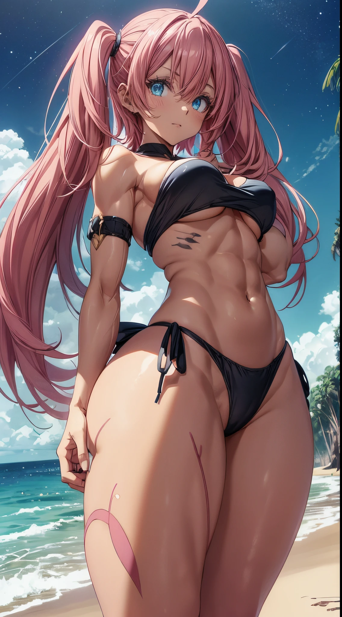 1 girl, (medium breasts))) (((big ass))), (((wearing short bikini))), (long pink hair), (((blue eyes))), (on the beach at night with sky starry and full blood moon), (thin waist), (big butt), (thin, muscular legs), muscular belly, bare feet, (backwards), Double tails, long eyes, Eye reflex, bad mood, anime, anime style, ray tracing, shine, drop shadow, panorama, Sony FE, 8k, UDisk, piece of master, precise, anatomically correct, Super Detail, best quality, ultra high-resolution, Hard disk, 16k