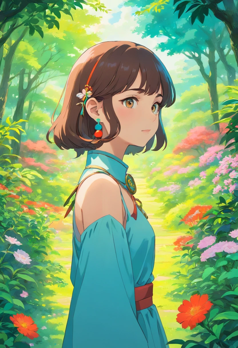 Girl in an anime collar, Long necklaces and earrings, In the style of a tranquil garden landscape, colorful animation stills, Masami Teraoka, neon color, paul gauguin, Embry style, Honest portrayal