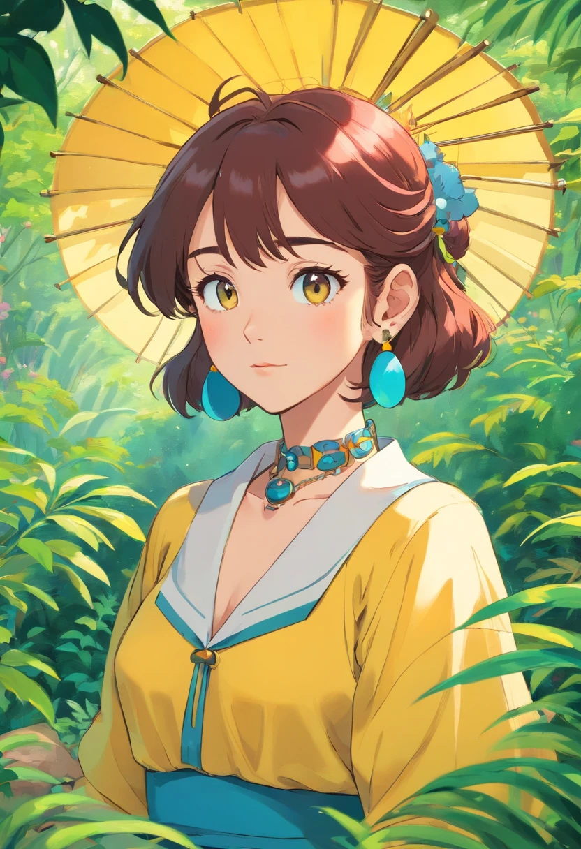 Girl in an anime collar, Long necklaces and earrings, In the style of a tranquil garden landscape, colorful animation stills, Masami Teraoka, neon color, paul gauguin, Embry style, Honest portrayal
