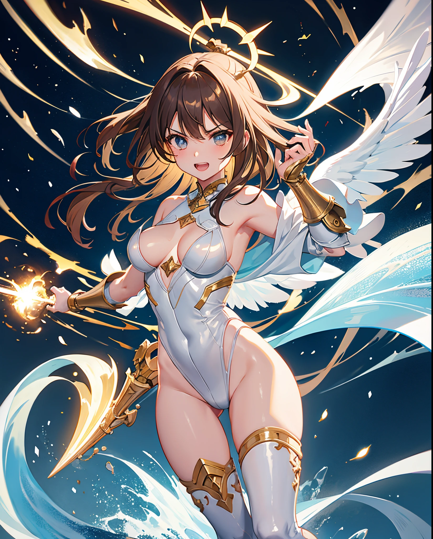 fantasy, 1angel_girl, loli,bwn_hair, medium_bob_hair, long_bangs, halo,bare_shoulder,thighhighs,silver_armor, waist_armor, large_breasts,angry,grinning,open_mouth_teeth, 1pair_wings, dynamic_pose_fighting,floating, bare_crotch, headgear,gauntlet, greaves,city_sky_background,slightly_spread_legs, solo, groin_naked,dark_skin,
